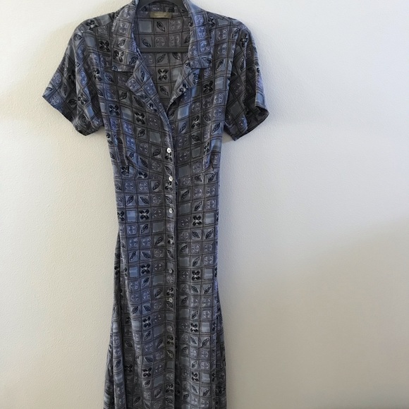 Territory Ahead Maxi dress Silk Shades of blue, grey & black Button SS Tie NWOT - Picture 2 of 7